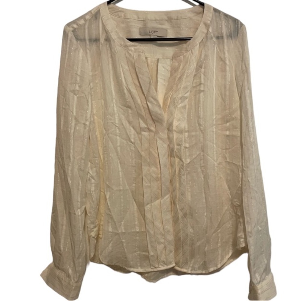 Loft Sheer Cream Metallic Long Sleeve Tucking Detail Top Size Large NWT